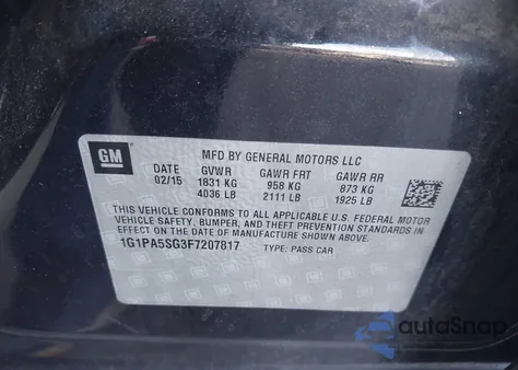 2015 Chevrolet Cruze Ls Auto из США, поврежденный, VIN 1G1PA5SG3F7207817